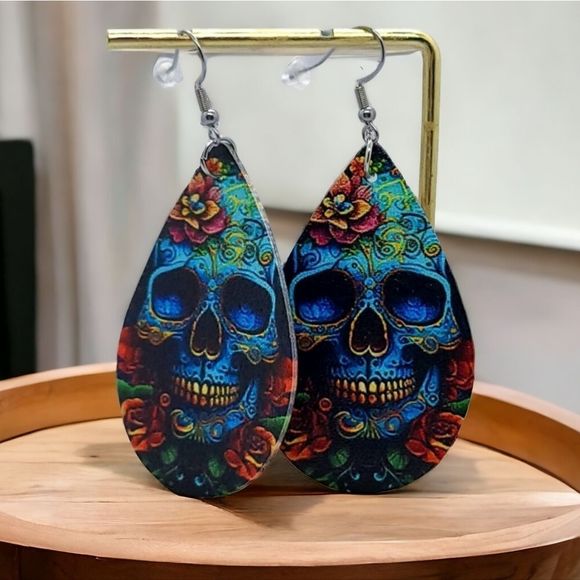 Sugar Skull Faux Leather Earrings Blue Pop Art Dangle Teardrop Gothic Jewelry - Picture 1 of 5